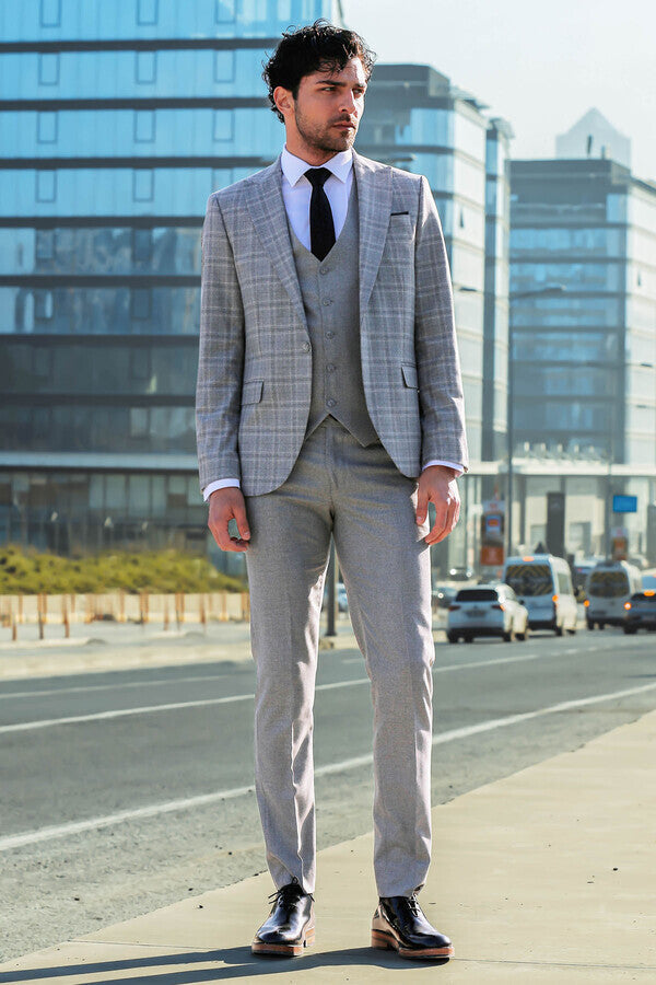 Checked Slim Fit Light Grey Men Suit - Wessi