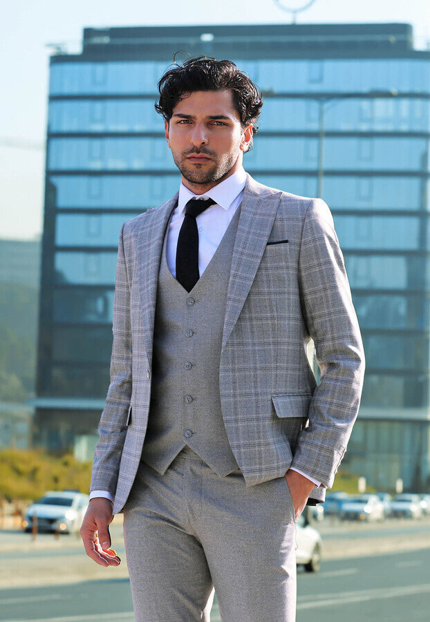 Checked Slim Fit Light Grey Men Suit - Wessi