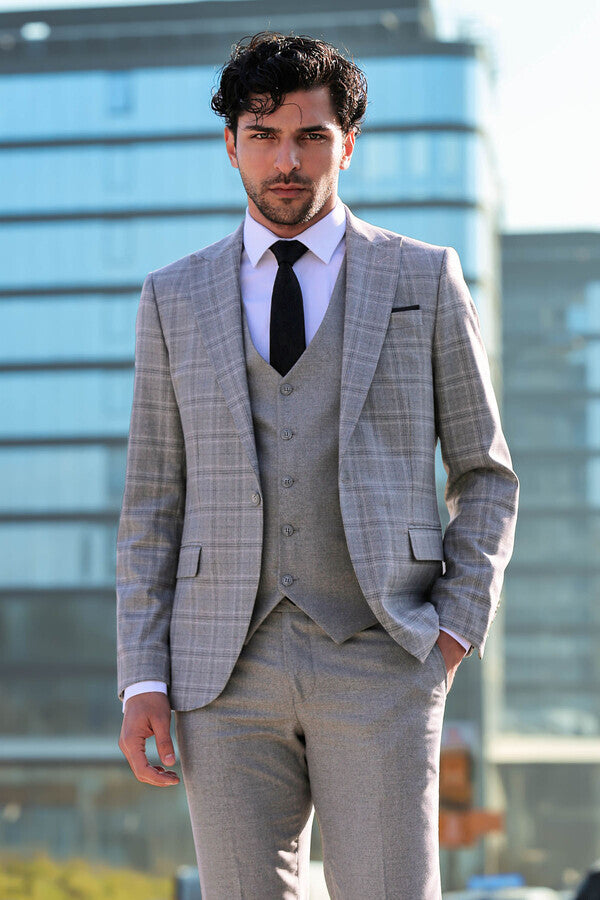 Checked Slim Fit Light Grey Men Suit - Wessi