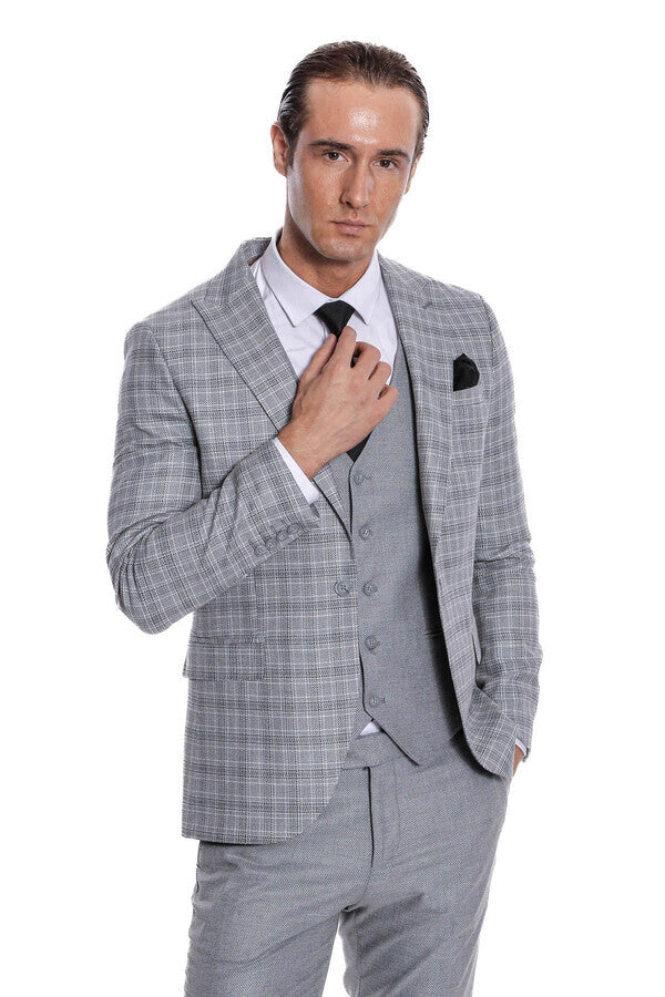 Checked Slim Fit Light Grey Men Suit - Wessi