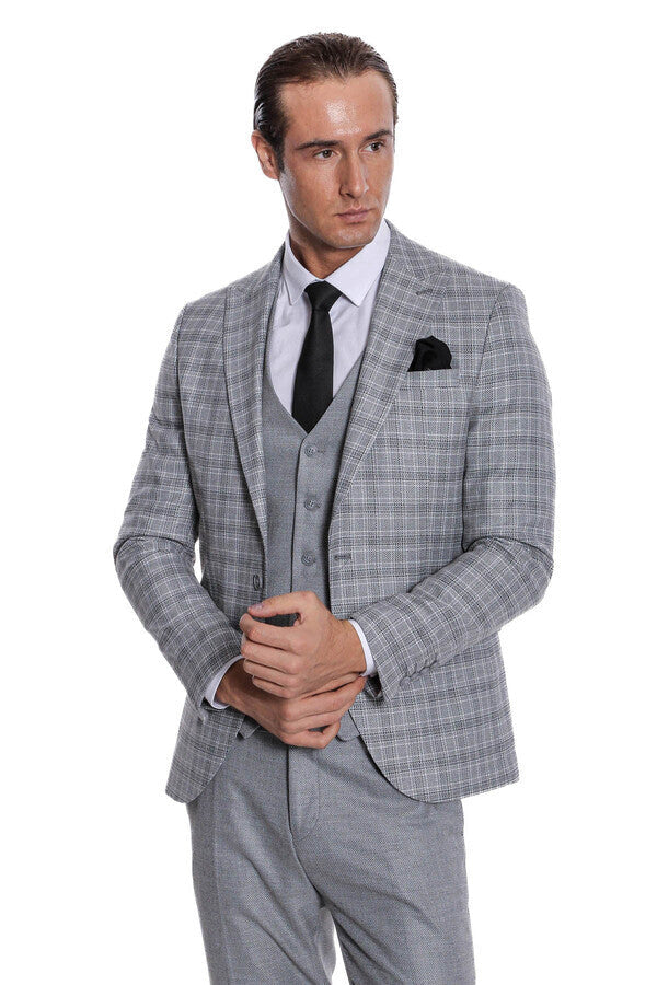 Checked Slim Fit Light Grey Men Suit - Wessi