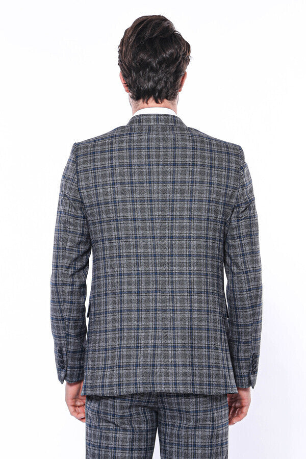 Checked Slim-Fit Navy Blue Men Blazer - Wessi