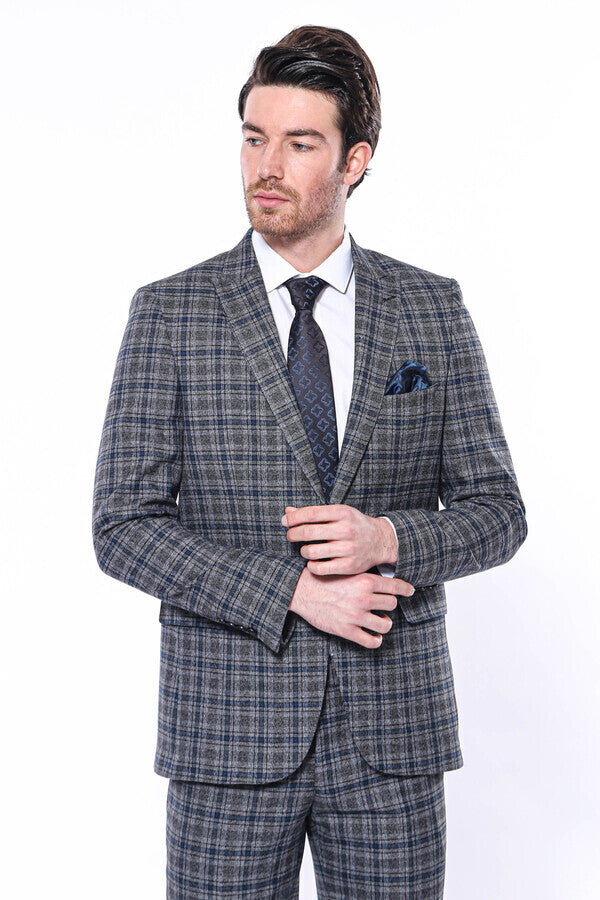 Checked Slim-Fit Navy Blue Men Blazer - Wessi