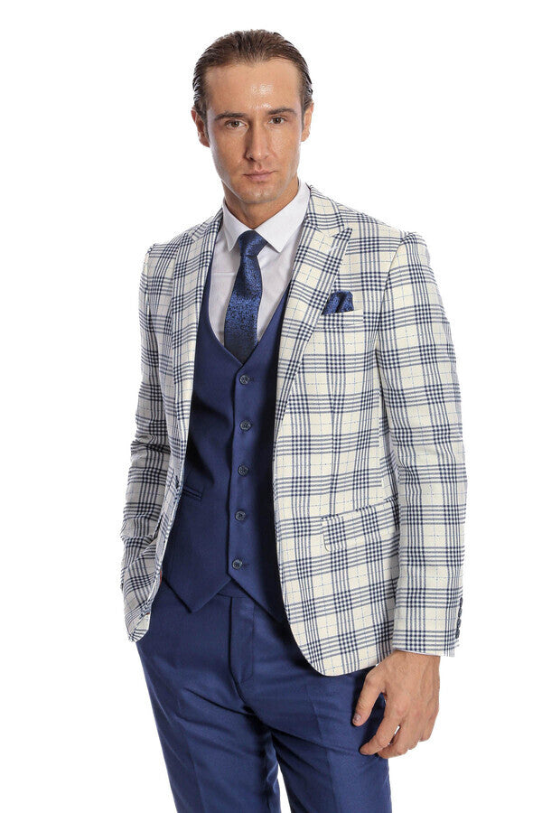 Checked Slim Fit Navy Blue Men Suit - Wessi