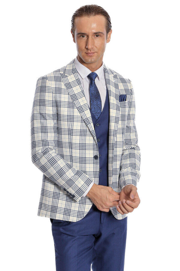 Checked Slim Fit Navy Blue Men Suit - Wessi