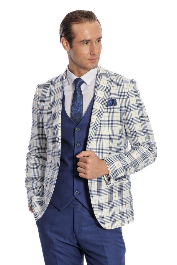 Checked Slim Fit Navy Blue Men Suit - Wessi