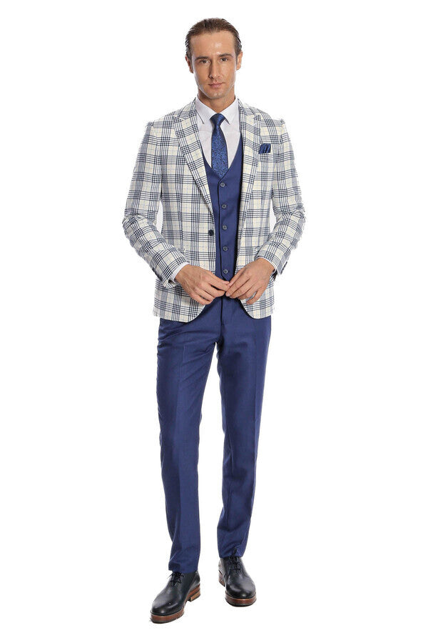 Checked Slim Fit Navy Blue Men Suit - Wessi