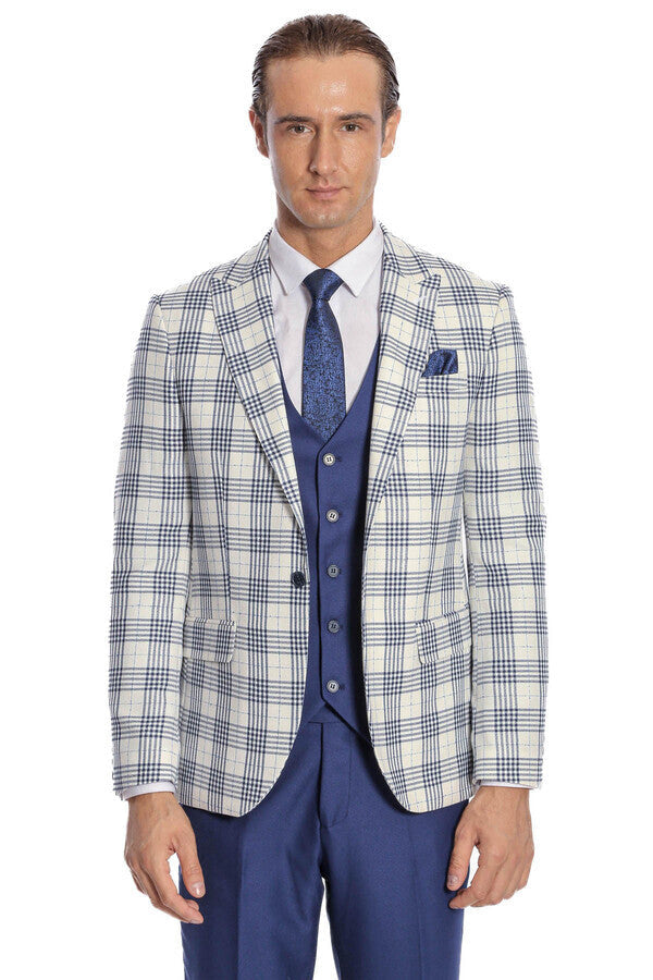 Checked Slim Fit Navy Blue Men Suit - Wessi