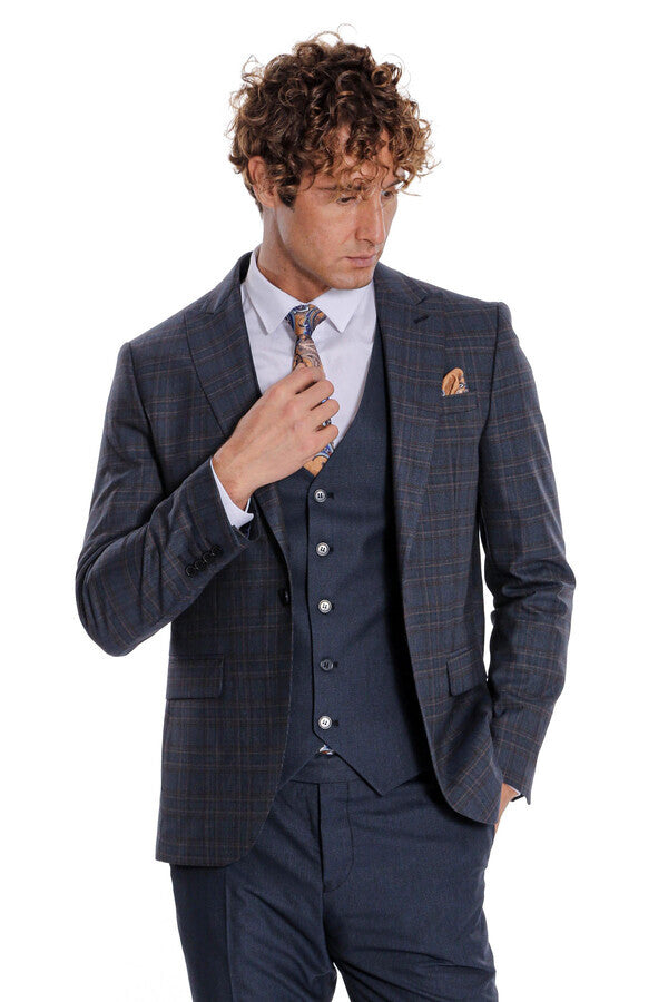 Checked Slim Fit Navy Blue Men Suit - Wessi