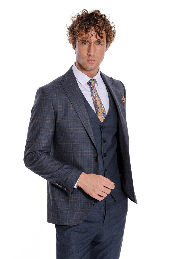 Checked Slim Fit Navy Blue Men Suit - Wessi