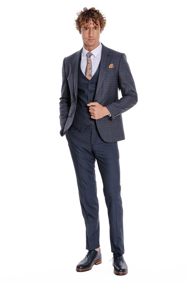 Checked Slim Fit Navy Blue Men Suit - Wessi