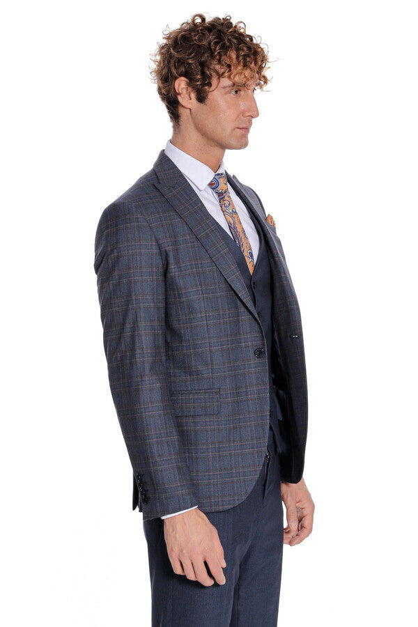 Checked Slim Fit Navy Blue Men Suit - Wessi