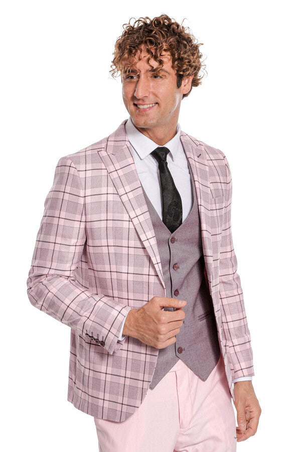 Checked Slim Fit Pink Men Suit - Wessi