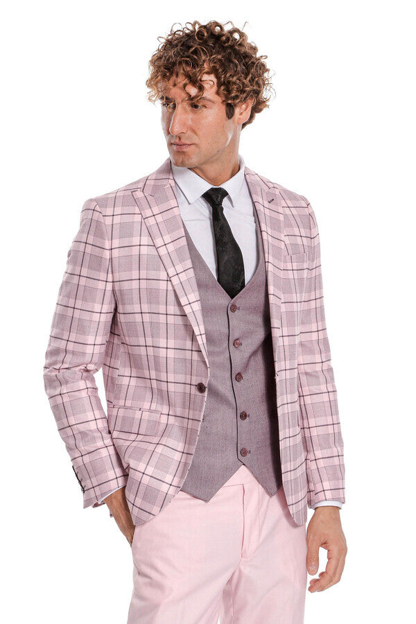 Traje de hombre entallado de cuadros en color rosa - Wessi