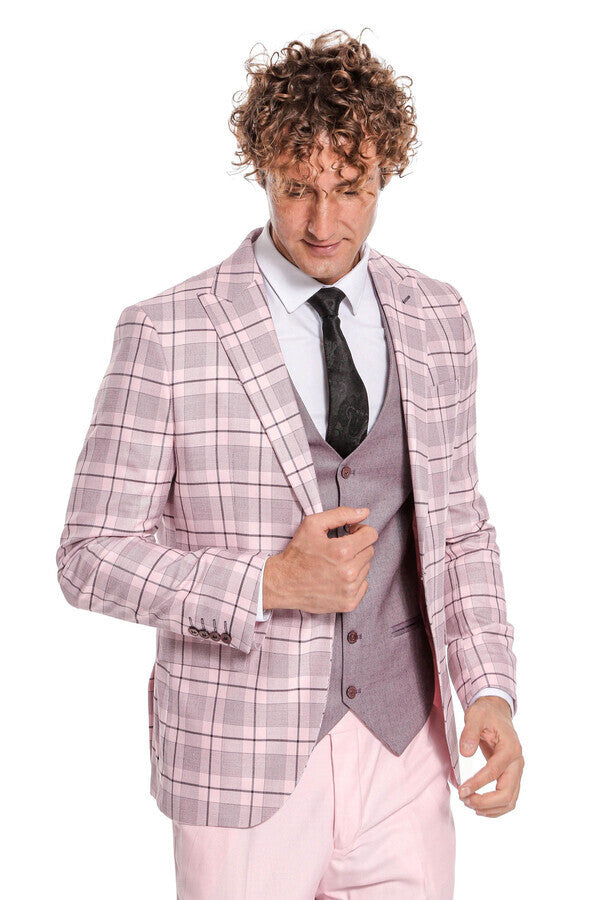 Traje de hombre entallado de cuadros en color rosa - Wessi