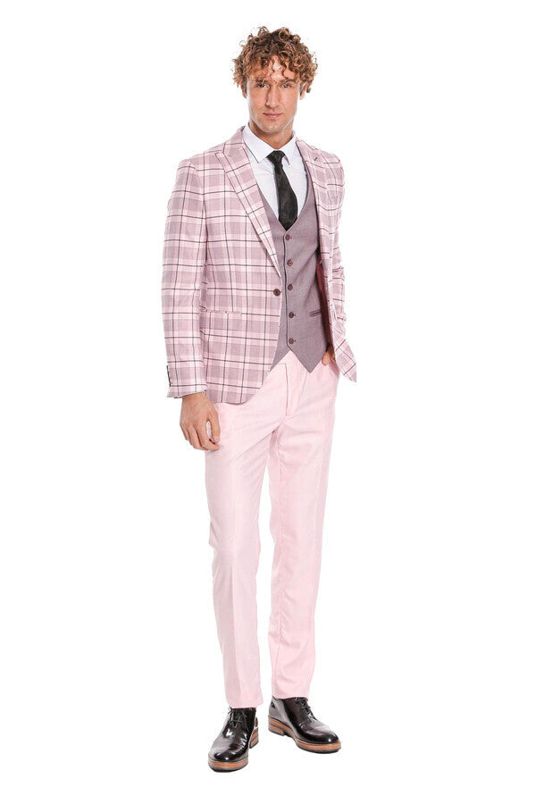 Traje de hombre entallado de cuadros en color rosa - Wessi