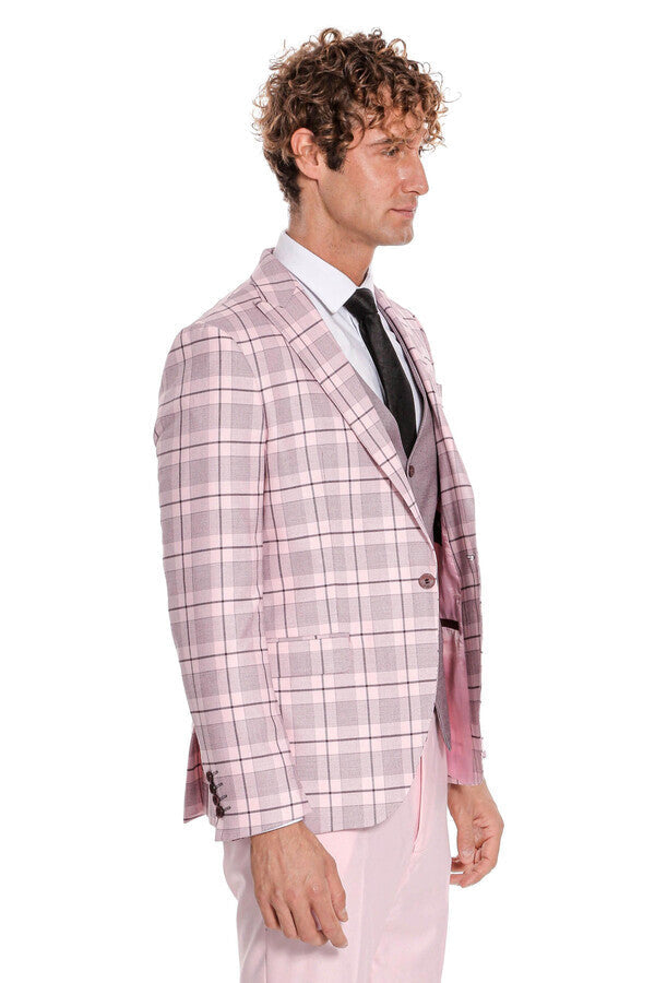 Checked Slim Fit Pink Men Suit - Wessi