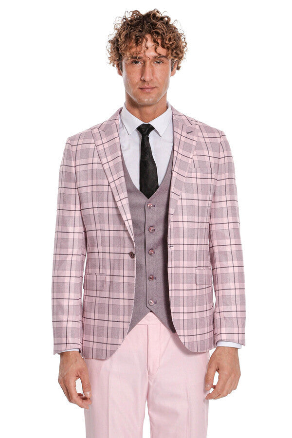 Traje de hombre entallado de cuadros en color rosa - Wessi