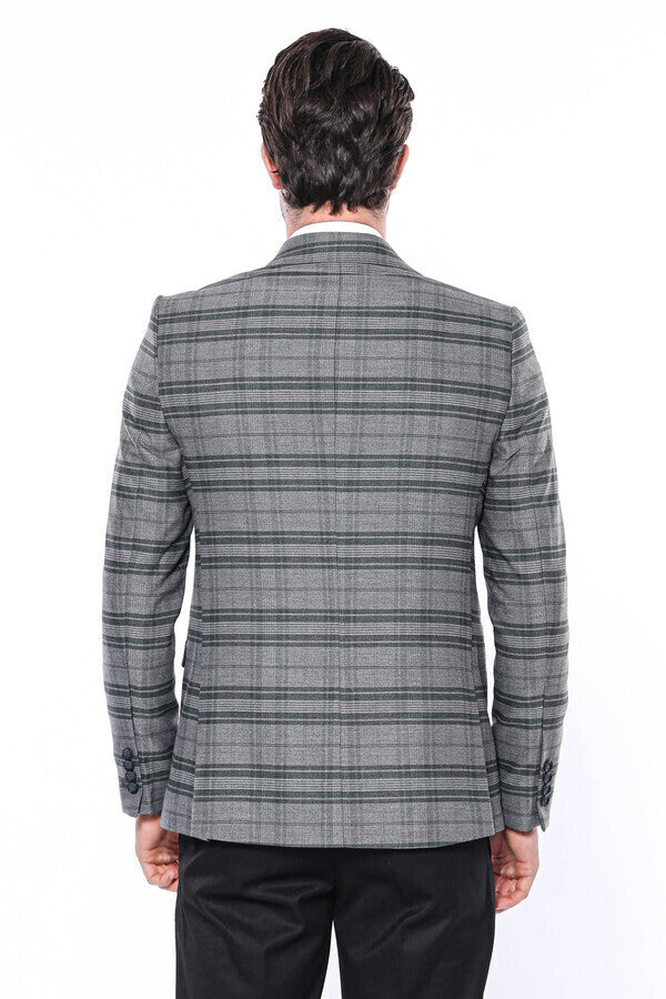 Checked Slim Fit Single Button Green Men Blazer - Wessi