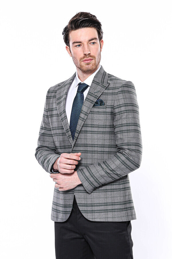 Checked Slim Fit Single Button Green Men Blazer - Wessi