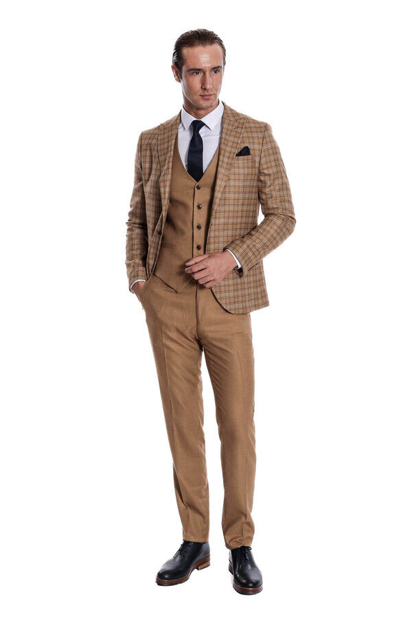 Checked Slim Fit Tan Men Suit - Wessi