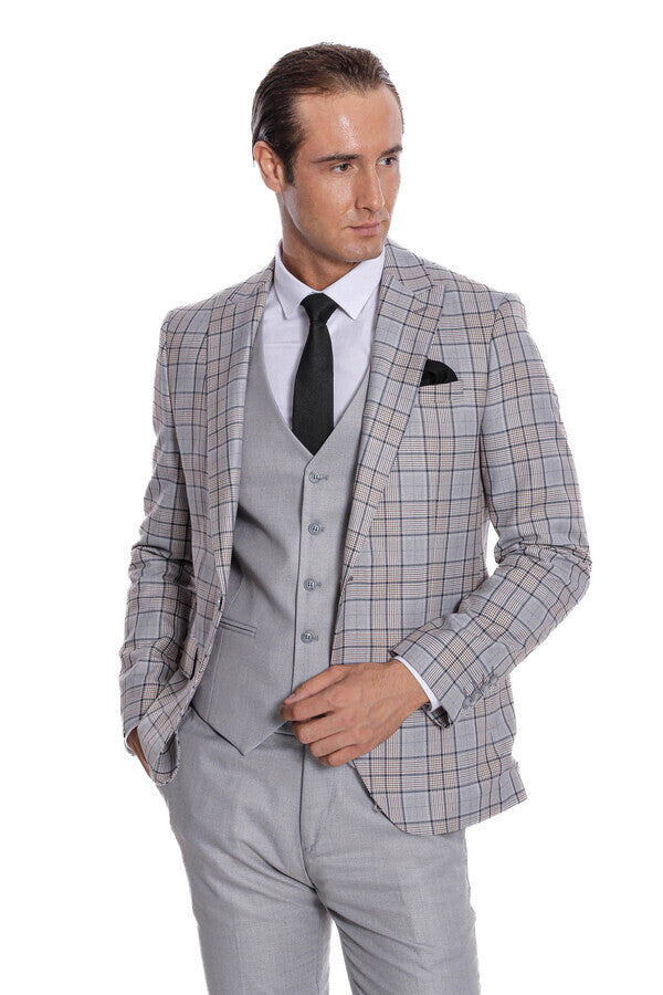 Checked Slim Fit Light Grey Men Suit - Wessi