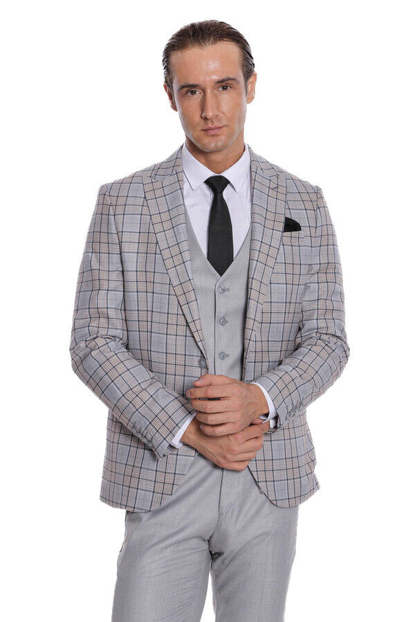 Checked Slim Fit Light Grey Men Suit - Wessi