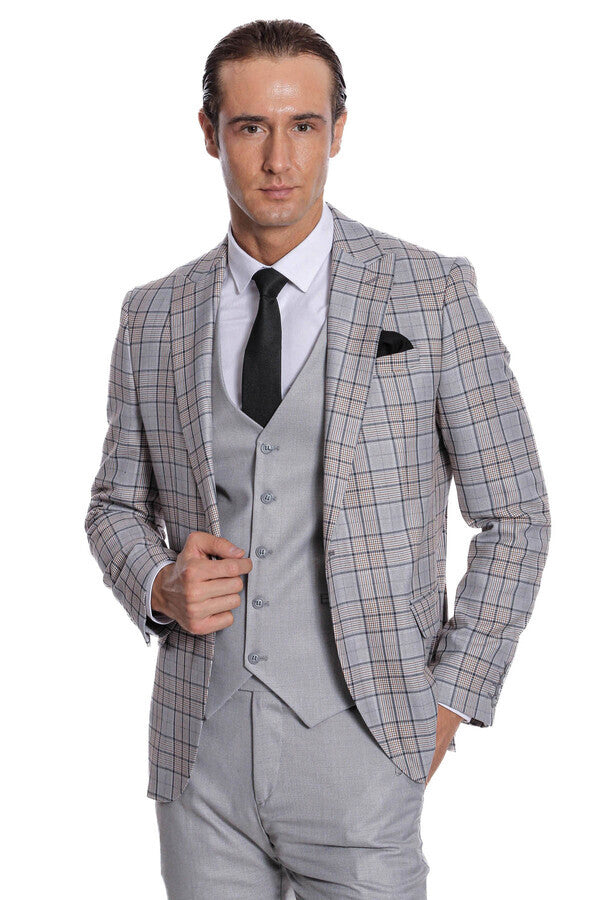 Checked Slim Fit Light Grey Men Suit - Wessi