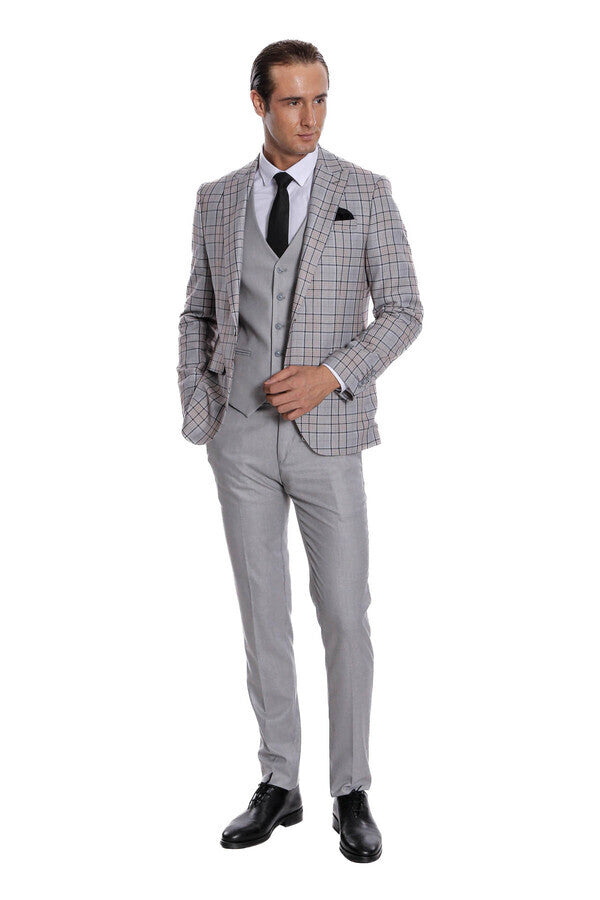 Checked Slim Fit Light Grey Men Suit - Wessi