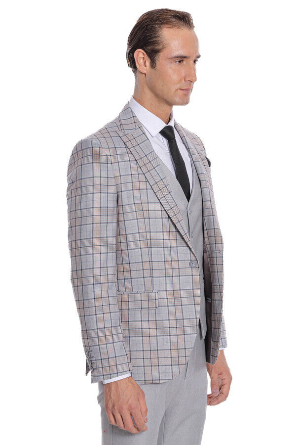 Checked Slim Fit Light Grey Men Suit - Wessi