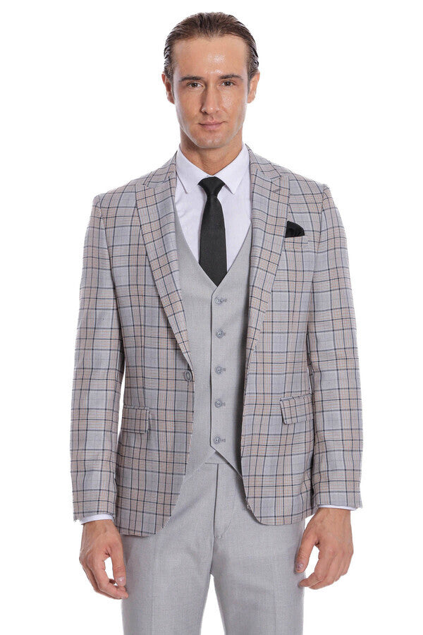 Checked Slim Fit Light Grey Men Suit - Wessi