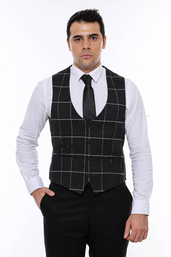 Checked V Neck Anthracite Men Vest - Wessi