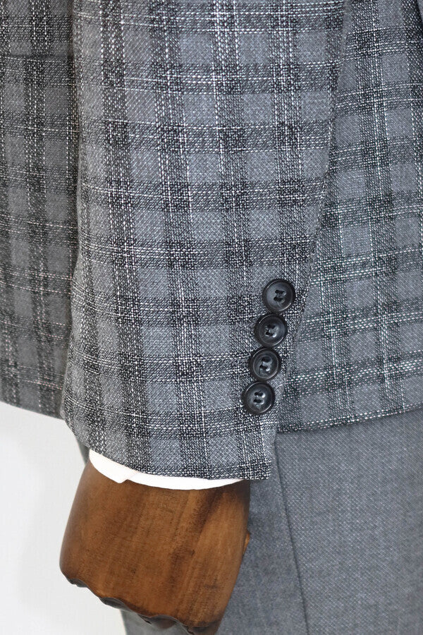 Checked Vested Grey Men Suit - Wessi