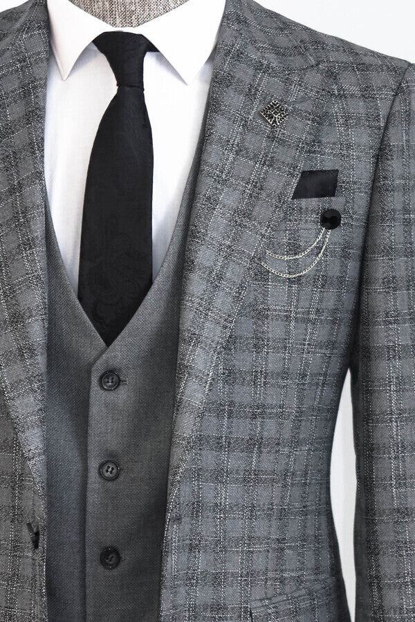 Checked Vested Grey Men Suit - Wessi