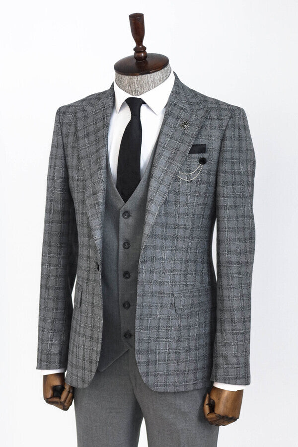 Checked Vested Grey Men Suit - Wessi