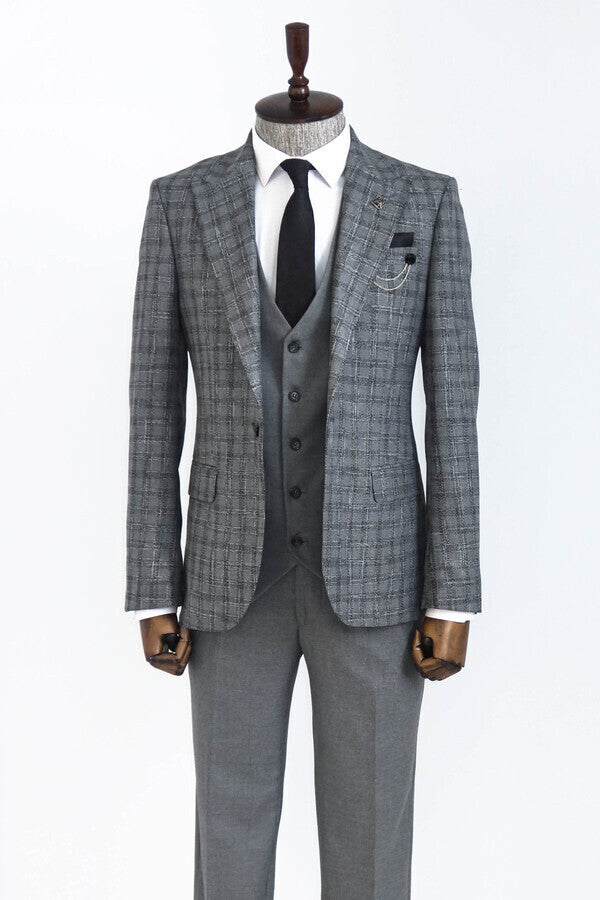 Checked Vested Grey Men Suit - Wessi