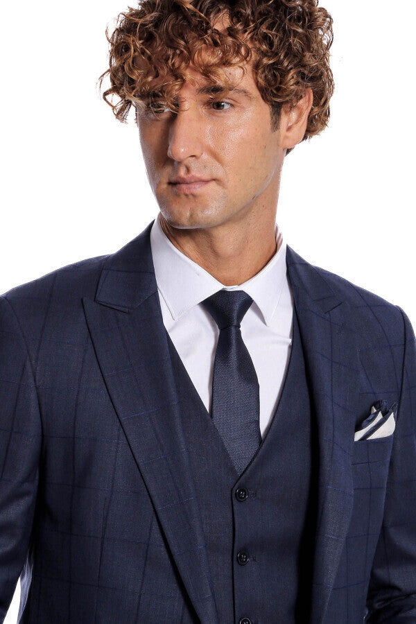 Checked Vested Slim Fit Navy Blue Men Suit - Wessi