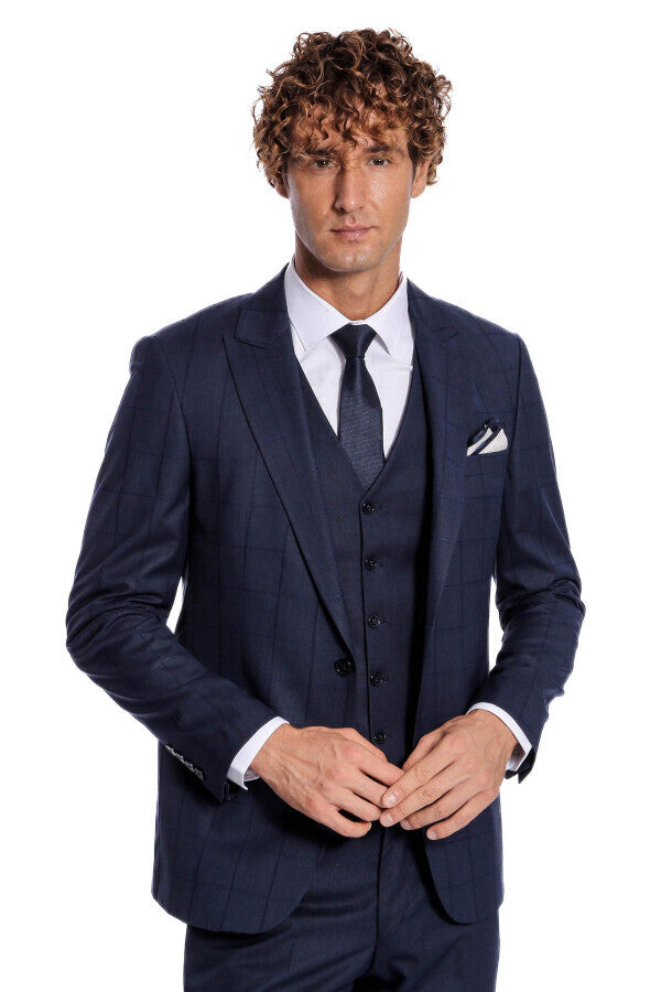 Checked Vested Slim Fit Navy Blue Men Suit - Wessi