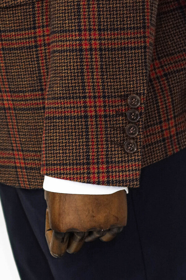 Checked Wool Brown Men Blazer - Wessi