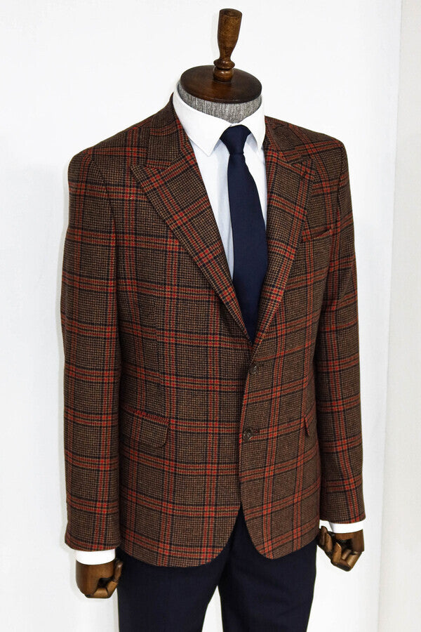 Checked Wool Brown Men Blazer - Wessi