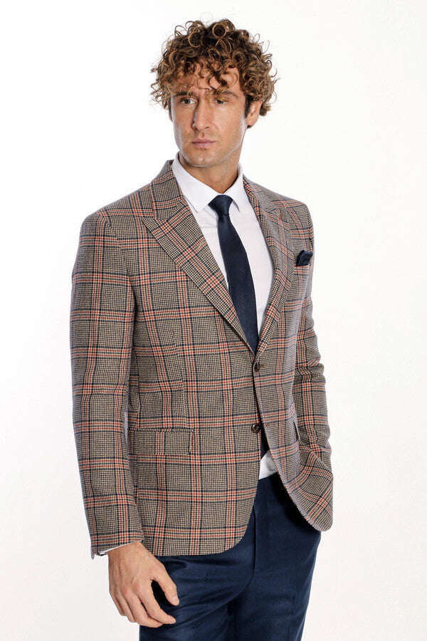 Checked Wool Navy Blue Men Blazer - Wessi