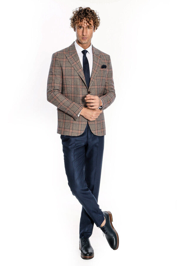 Checked Wool Navy Blue Men Blazer - Wessi