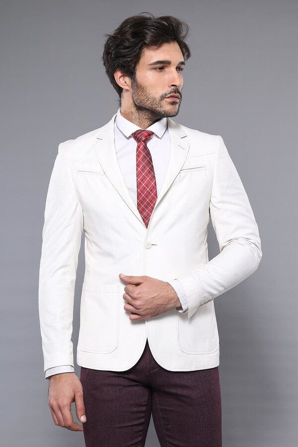 Chest Zippered Detail Cream Linen Jacket | Wessi