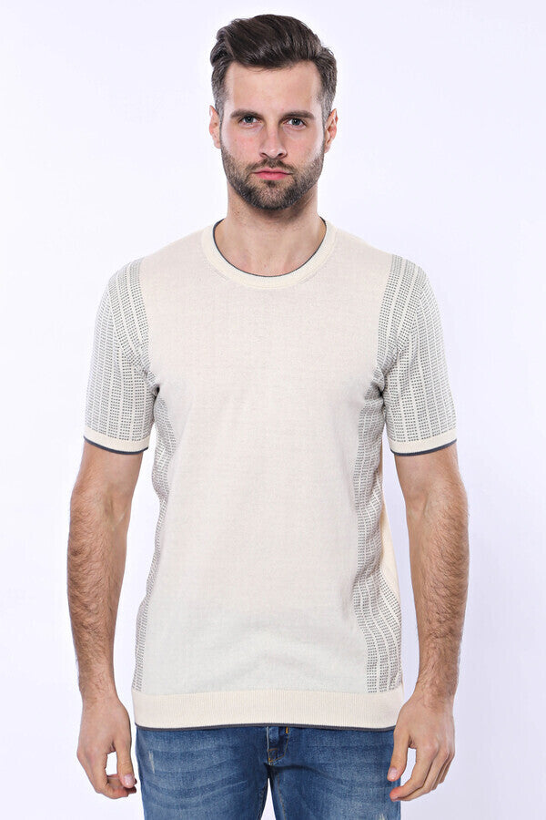 Circle Neck Patterned Cream Knitted T-Shirt - Wessi
