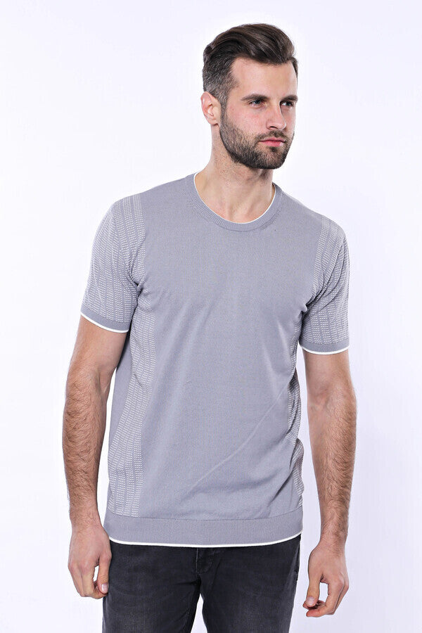 Circle Neck Patterned Grey Knitted T-Shirt - Wessi