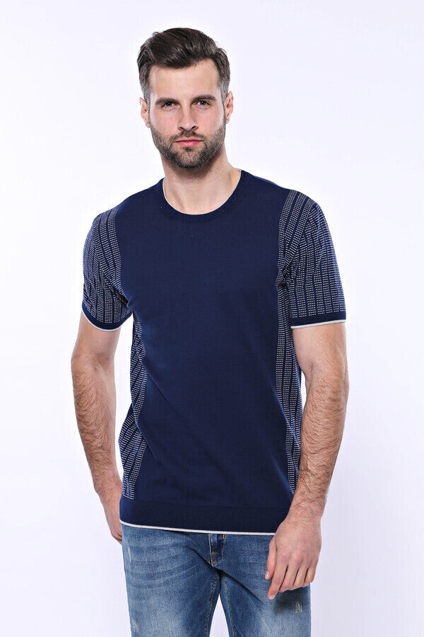 Circle Neck Patterned Navy Knitted T-Shirt - Wessi