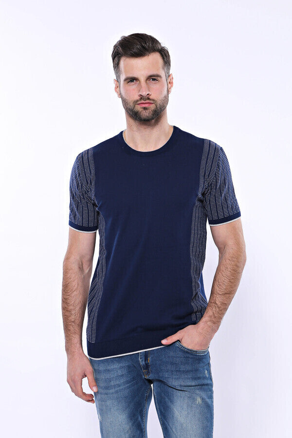 Circle Neck Patterned Navy Knitted T-Shirt - Wessi