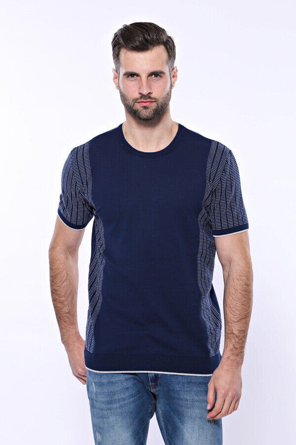 Circle Neck Patterned Navy Knitted T-Shirt - Wessi