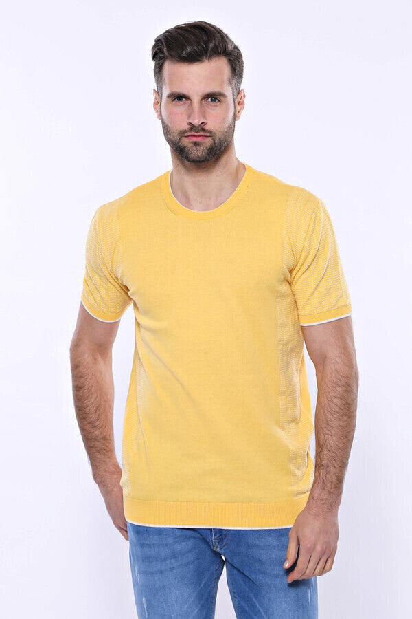 Circle Neck Patterned Yellow Knitted T-Shirt - Wessi