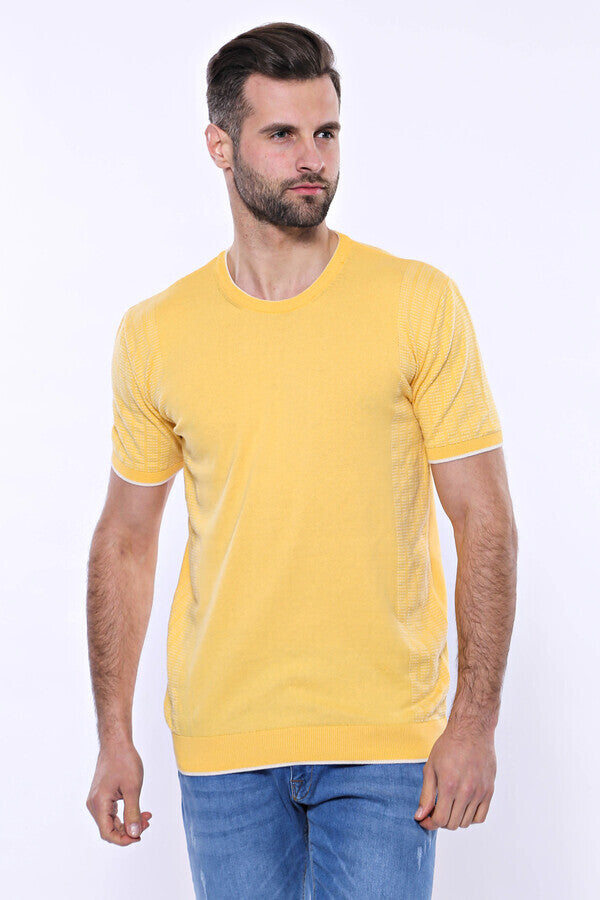 Circle Neck Patterned Yellow Knitted T-Shirt - Wessi